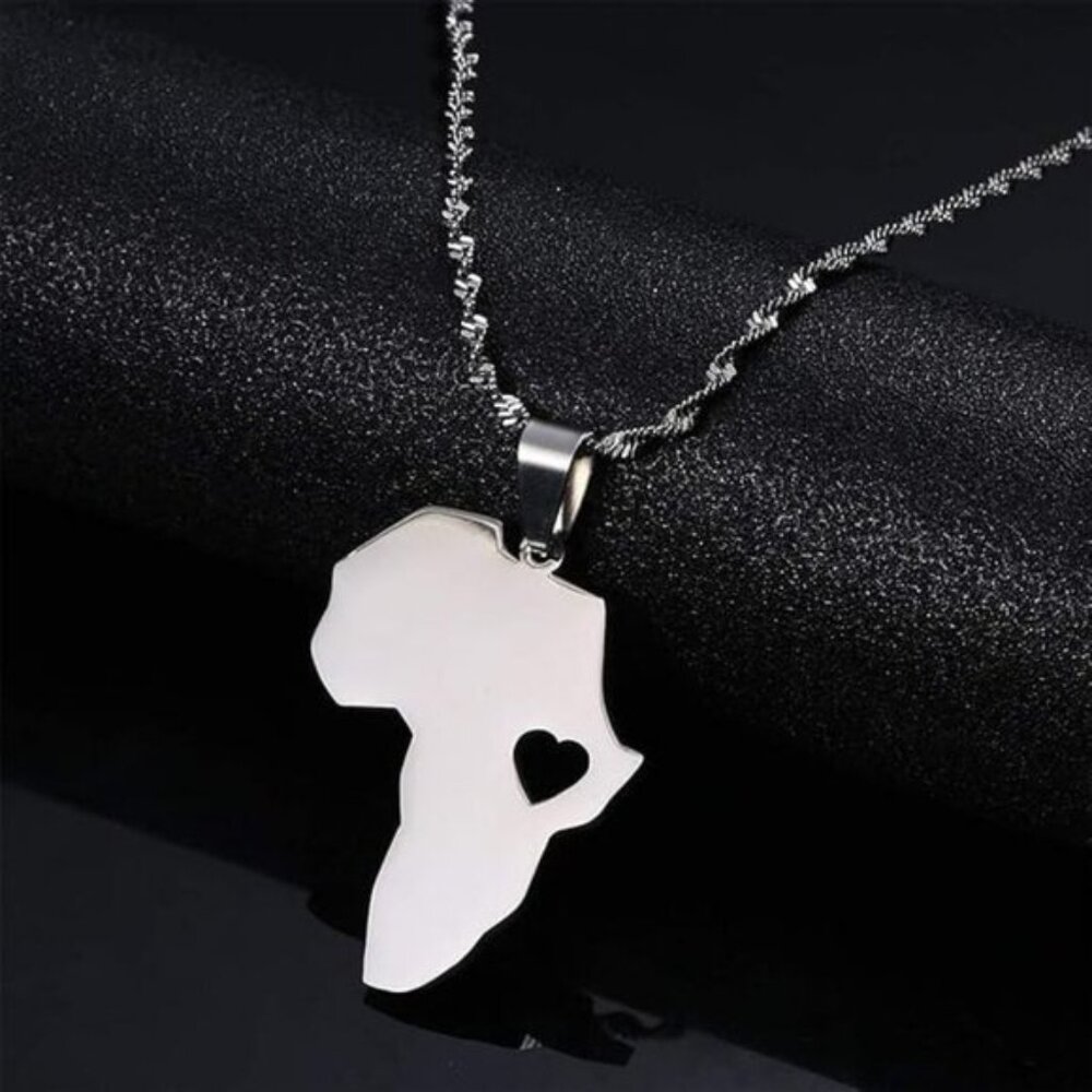 Silver Africa Map Necklace Heart Jewelry, Women Men Gift, Stainless Steel